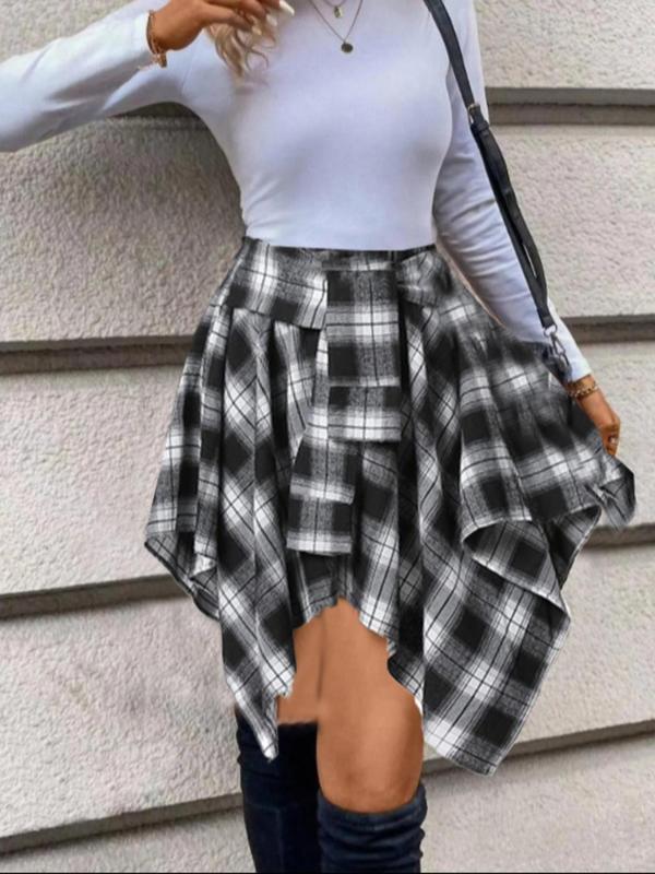 Women's Plaid Print Asymmetrical Hem Skirt, Casual High Waist Short Skirt for Fall & Winter, Women's Bottoms for Daily Wear