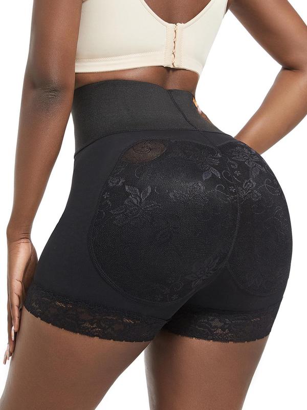 Women's Solid Contrast Lace High Waist Shapewear Shorts, Casual Stretchy Tummy Control Shapewear Shorts, Ladies Shapewear Bottoms