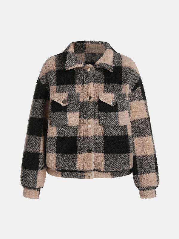 YOZY Women's Plaid Print Pocket Button Front Fuzzy Jacket, Casual Long Sleeve Collared Plush Outerwear for Fall & Winter, Ladies Clothes for Daily Wear