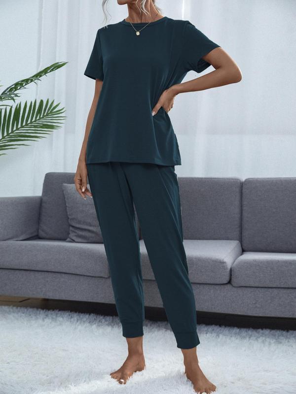 Two-Piece Set Women's Solid Color Round Neck Tee & Pocket Tie Front Pants Set, Casual Short Sleeve T-Shirt & Trousers for Daily Wear, Ladies Two-Piece Outfits for All Seasons