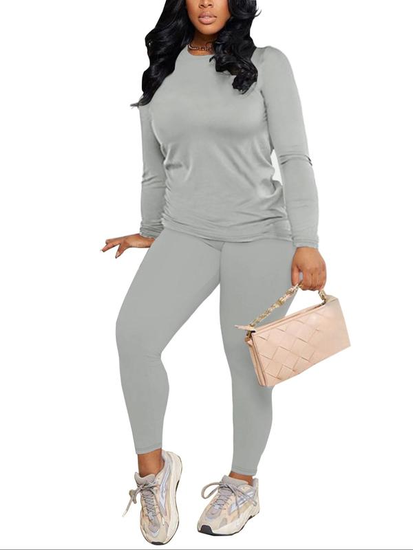 Two-Piece Set Women's Plain Long Sleeve Tee & Elastic Waist Pants, Casual Round Neck Top & Skinny Trousers Set for Fall & Winter, Women's Clothes for Daily Wear