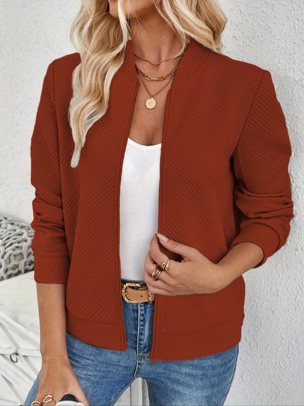 Women's Solid Jacquard Long Sleeve Zip Up Jacket, Casual Open Front Outerwear for Spring & Fall, Ladies Clothes for Daily Wear