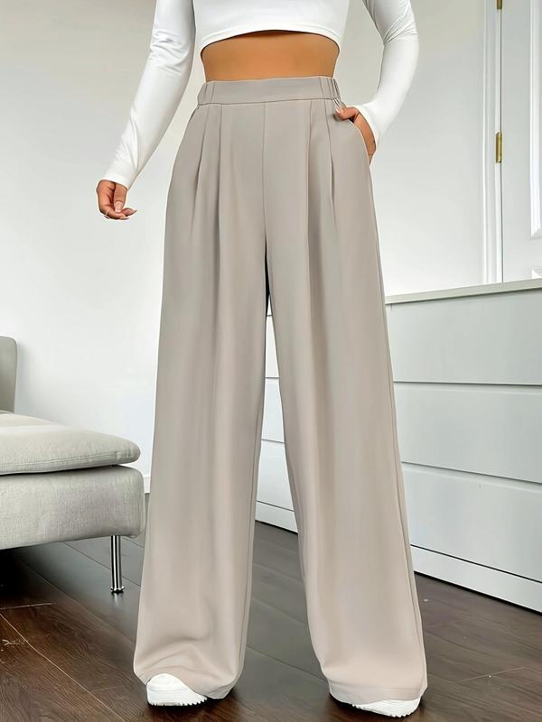 Women's Solid Color Plicated High Waist Straight Leg Pants, Elegant Fashion Casual Pocket Trousers for Daily Outdoor Wear, Women's Bottoms for Fall & Winter