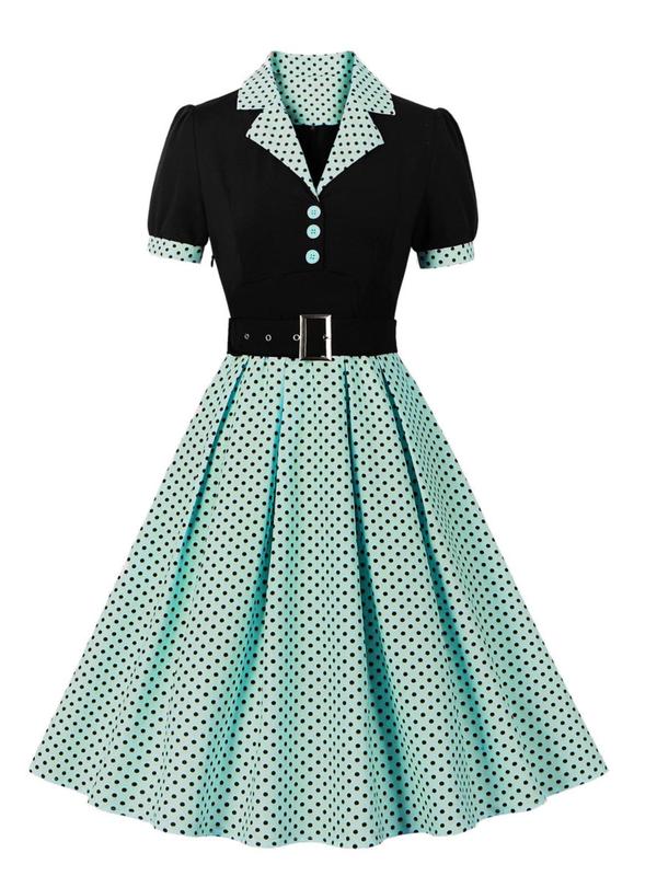 Plus Size Polka Dot Print Button Front Plicated Shirt Dress, Elegant Puff Sleeve Lapel Neckline High Waist A-line Dress for Party Holiday Wedding Guest, Women's Clothes for All Seasons