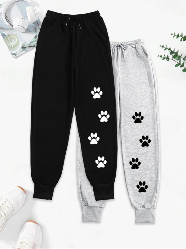 Women's Dog Paw Print Drawstring Waist Sweatpants, Casual Pocket Jogger Pants for Fall & Winter, Women's Trousers for Daily Wear