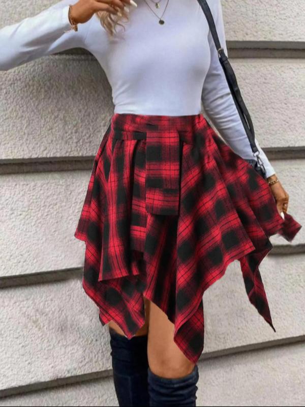 Women's Plaid Print Asymmetrical Hem Skirt, Casual High Waist Short Skirt for Fall & Winter, Women's Bottoms for Daily Wear