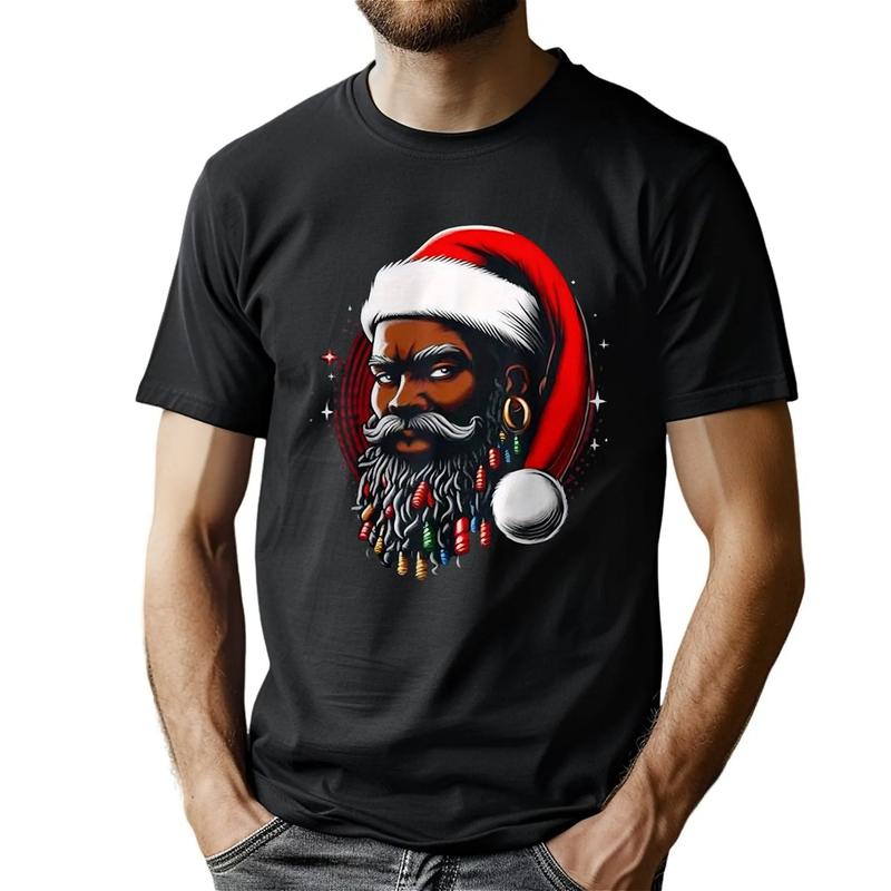 Santa Christmas African American Pyjamas Cool Black X-Mas T-Shirt, 100% Cotton, Halloween Thanksgiving Christmas Gift for Men Women Family Friends, S-XXXL, Black