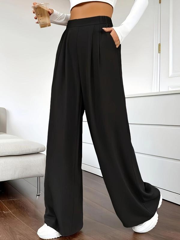 Women's Solid Color Plicated High Waist Straight Leg Pants, Elegant Fashion Casual Pocket Trousers for Daily Outdoor Wear, Women's Bottoms for Fall & Winter