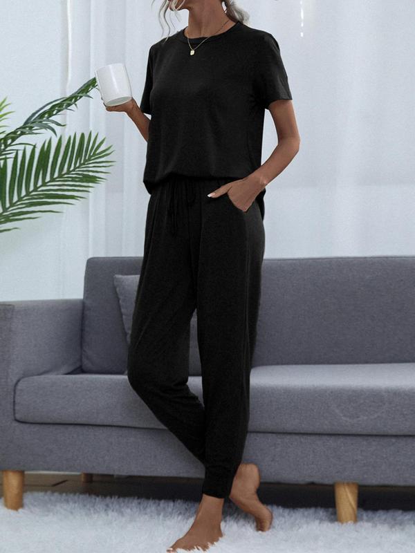 Two-Piece Set Women's Solid Color Round Neck Tee & Pocket Tie Front Pants Set, Casual Short Sleeve T-Shirt & Trousers for Daily Wear, Ladies Two-Piece Outfits for All Seasons