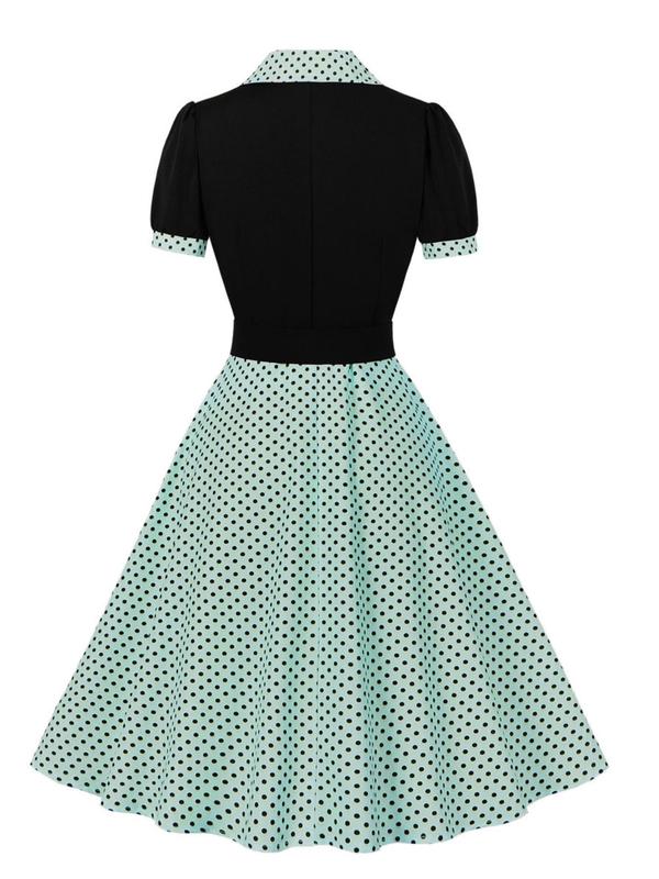 Plus Size Polka Dot Print Button Front Plicated Shirt Dress, Elegant Puff Sleeve Lapel Neckline High Waist A-line Dress for Party Holiday Wedding Guest, Women's Clothes for All Seasons