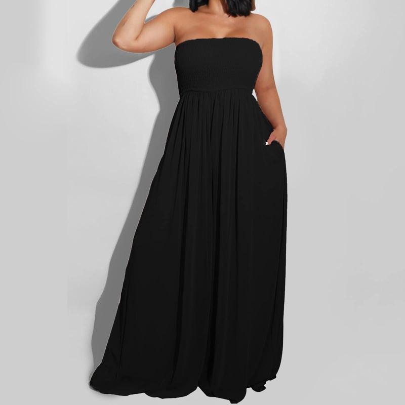 Echoine Strapless Wide Leg Jumpsuit with Pockets Plain Tube Smocked Chiffon Sheer Stretchy Flowy Loose Minimalist Womenswear Basic Dress Check Piece