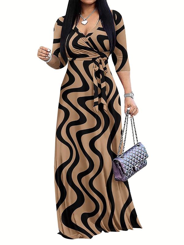 Women's All Over Print Belted Wrap Dress, Elegant V Neck 3 4 Sleeve Long Dress for Summer,  Dresses for Women, Women's Clothing for Daily Wear