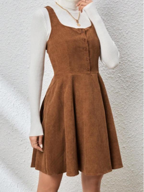 Women's Plain Button Front Corduroy Dress without Inner Top, Cute Square Neck Pleated Tank Dress for Daily Wear, Ladies Clothes for All Seasons