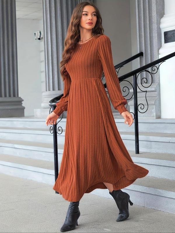 Women's Striped Print Long Sleeve Dress, Elegant Casual Ribbed Long Dress for Fall & Winter, Women's Clothing for Daily Wear