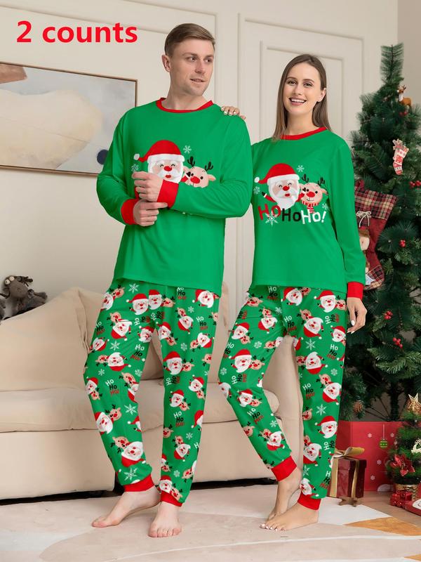 Two-piece Set Couple's Christmas Print Pajama Set, Casual Comfy Long Sleeve Crew Neck Sleep Tee & Elastic Waist Pants PJ Set, Couple's Sleepwear for Spring & Fall