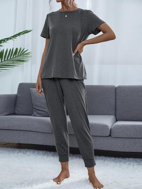 Two-Piece Set Women's Solid Color Round Neck Tee & Pocket Tie Front Pants Set, Casual Short Sleeve T-Shirt & Trousers for Daily Wear, Ladies Two-Piece Outfits for All Seasons