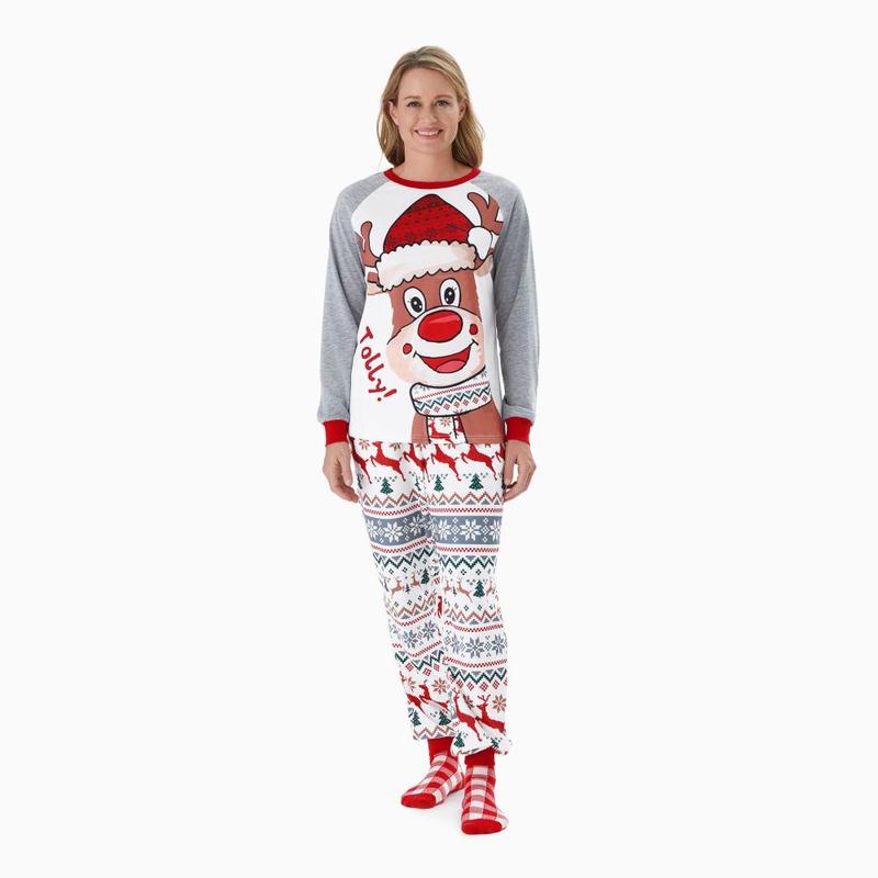 PatPat Christmas Pajamas Family Matching Outfits Raglan Sleeves Cartoon Reindeer Graphic Allover Pattern Pants PJs Sets