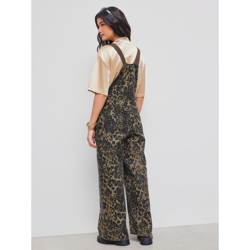 Cider [size 0-26] Oversized Denim Leopard Pocket Buckle Up Wide Leg Jumpsuit, Womenswear Overalls