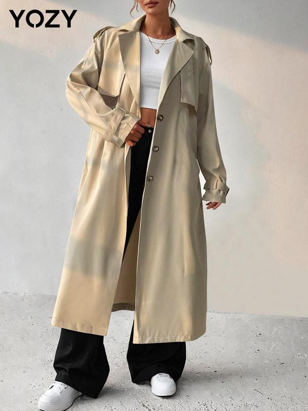 Christmas Deals, YOZY Women's Solid Button Front Belted Trench Coat, Casual Lapel Collar Long Sleeve Coat for Fall & Winter, Women's Clothing for Daily Wear, Christmas 2024 Trend, Christmas Clothes, Fall&Winter Clothes, Christmas Gift Ideas