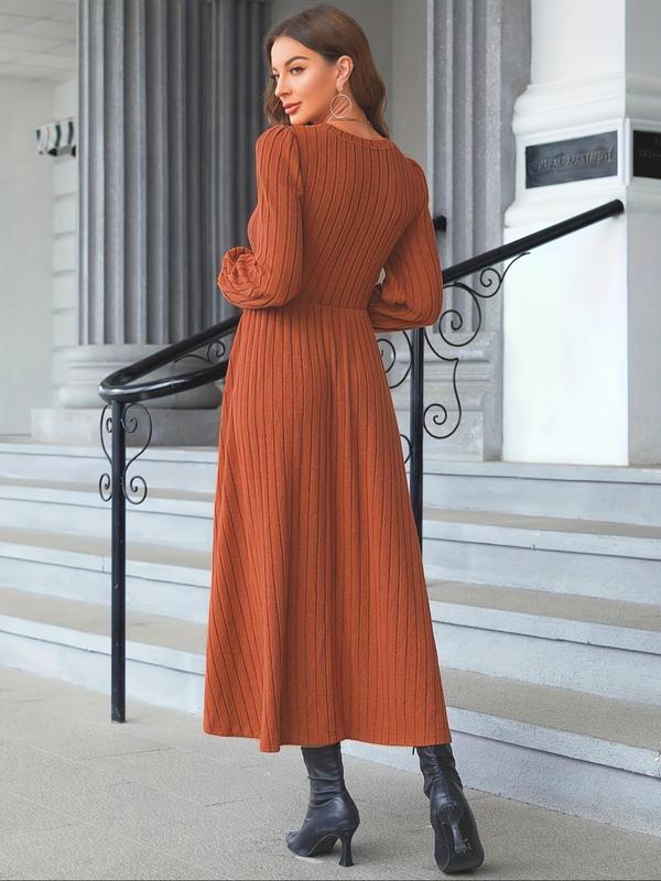 Women's Striped Print Long Sleeve Dress, Elegant Casual Ribbed Long Dress for Fall & Winter, Women's Clothing for Daily Wear