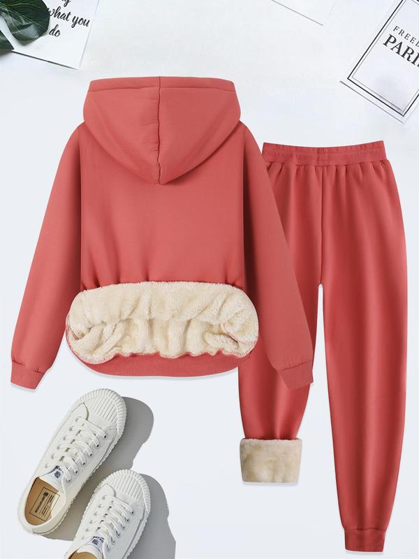 Women's Letter Print Thermal Lined Hoodie & Drawstring Waist Pants Two-piece Set, Casual Long Sleeve Hooded Sweatshirt & Pocket Trousers for Fall & Winter, Women's Clothes for Daily Wear