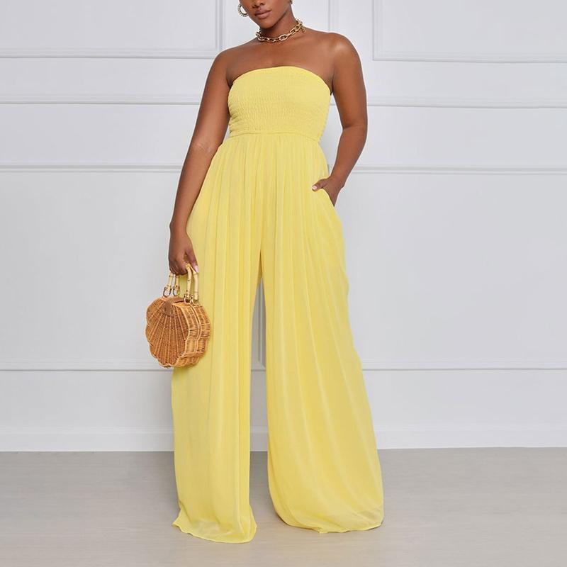 Echoine Strapless Wide Leg Jumpsuit with Pockets Plain Tube Smocked Chiffon Sheer Stretchy Flowy Loose Minimalist Womenswear Basic Dress Check Piece