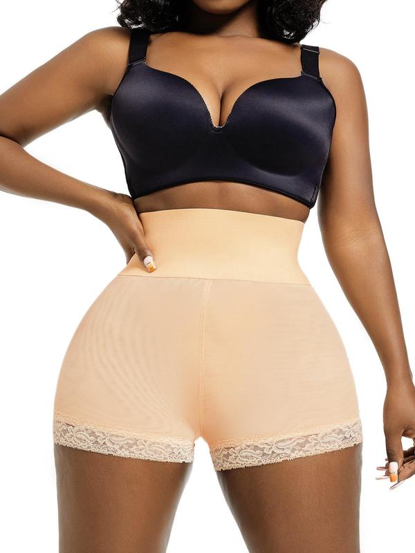 Women's Solid Contrast Lace High Waist Shapewear Shorts, Casual Stretchy Tummy Control Shapewear Shorts, Ladies Shapewear Bottoms