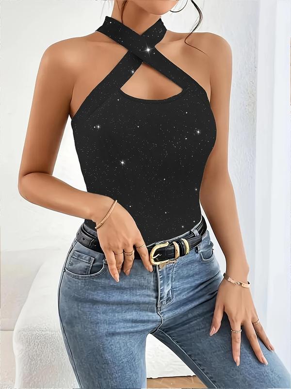 Women's Glitter Sequin Decor Criss Cross Cut Out Halter Neck Tank Top, Fashion Casual Sleeveless Top for Daily Wear, Ladies Clothes for All Seasons