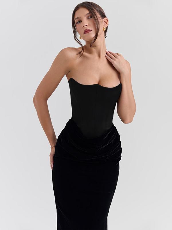 Women's Velvet Strapless Tube Dress, Elegant Backless Maxi Dress for Party Club Dating Wear, Ladies Clothes for All Seasons