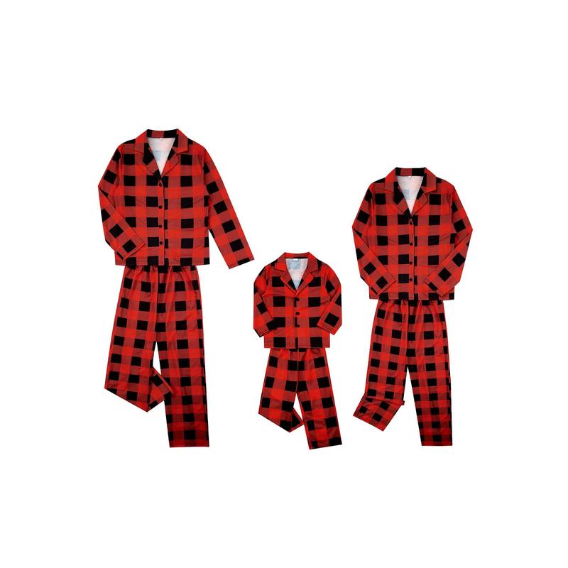 Christmas Pajamas For Family, Red Long Sleeve Plaid Printed Pattern Tops and Pants, Christmas Gift