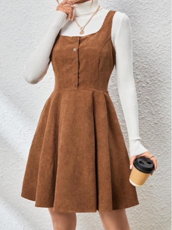 Women's Plain Button Front Corduroy Dress without Inner Top, Cute Square Neck Pleated Tank Dress for Daily Wear, Ladies Clothes for All Seasons