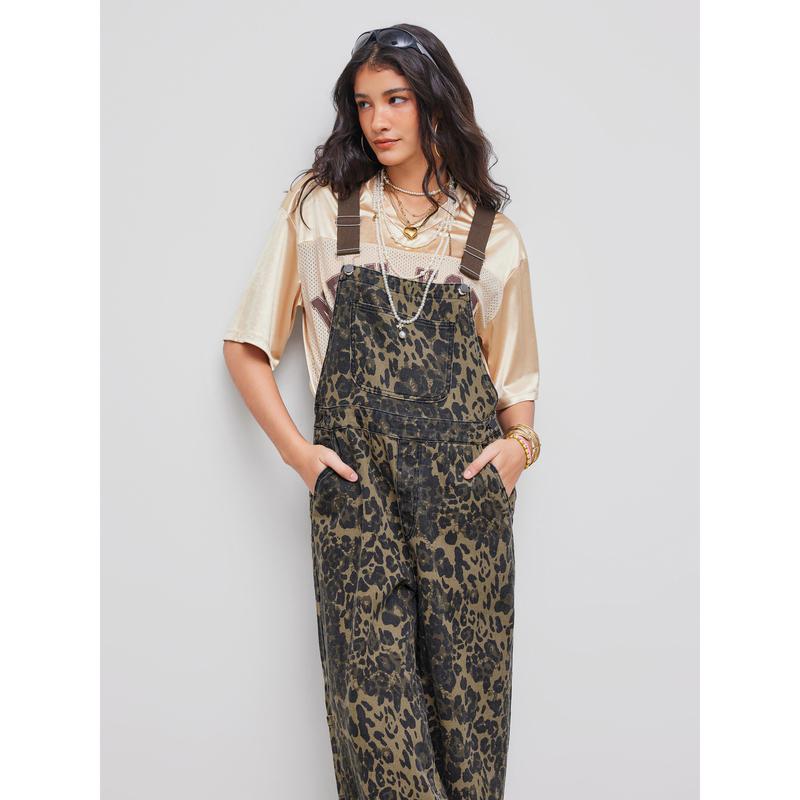 Cider [size 0-26] Oversized Denim Leopard Pocket Buckle Up Wide Leg Jumpsuit, Womenswear Overalls