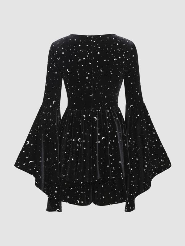 Women's Stars & Moon Print Flounce Sleeve Velvet Dress, Elegant Deep V Neck A Line Dress for Party Holiday Wedding Guest, Ladies Fall & Winter Clothes, Dresses for Party, Vintage Girly Long Sleeve Clothes, Fall Clothing