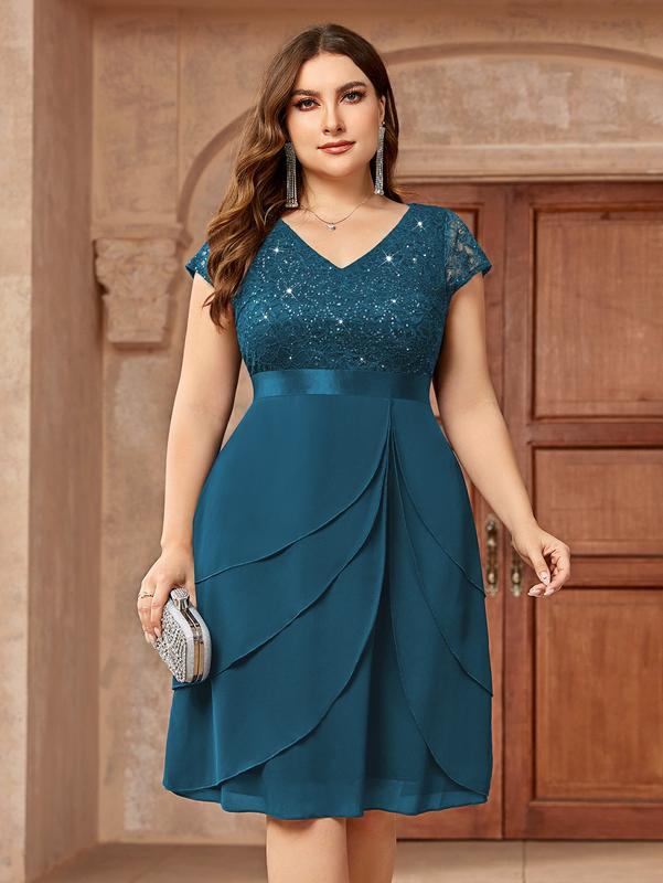 MISSMAY Women's Plus Size Formal Wear Sequin Lace Pleated Ruffle Tiered V Neck Chiffon Minimalist Cocktail Party Dress YP23215