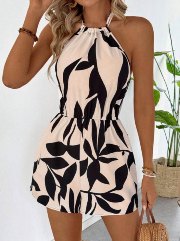 Women's Leaf Print Tie Backless Halter Romper, Boho Sleeveless Romper for Beach Holiday Vacation, Ladies Clothes for All Seasons