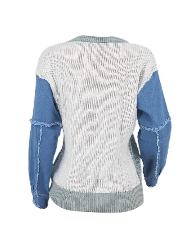 Women's Colorblock Drop Shoulder Sweater, Casual Long Sleeve Round Neck Sweater Knitwear Tops, Sweaters for Women, Comfortable Baddie Outfits for Plus Size, Going Out Outfits 2024