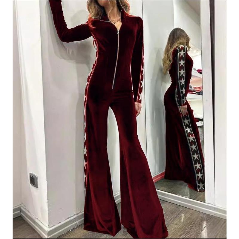 Fashion Velvet Stitching Printing Long Sleeve Wide Leg Jumpsuit European and American