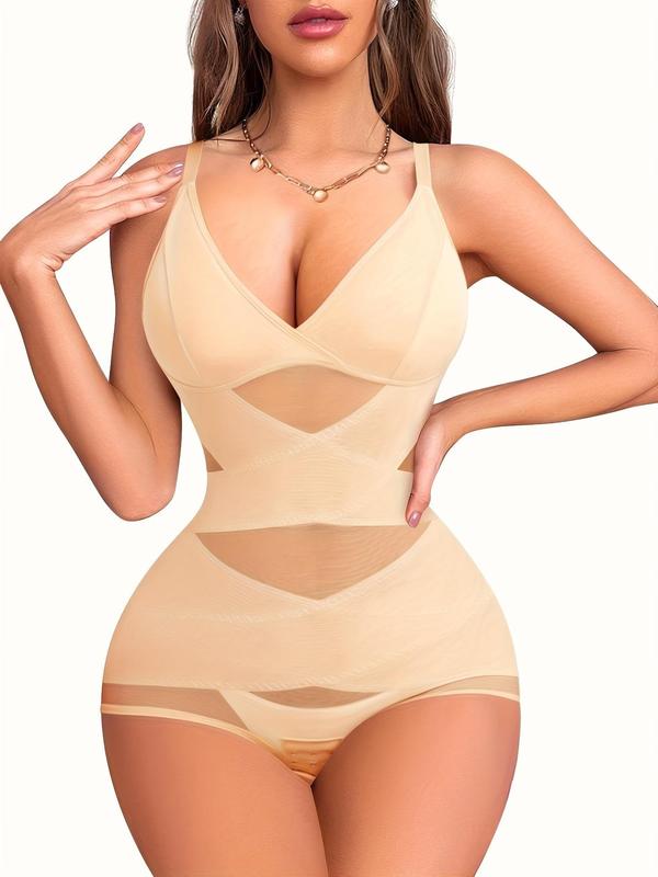 Women's Solid Sheer Contrast Mesh Padded Shapewear Bodysuit, Deep V Neck High Stretch Butt Lift Tummy Control Shapewear Cami Bodysuit, Women's Shapewear