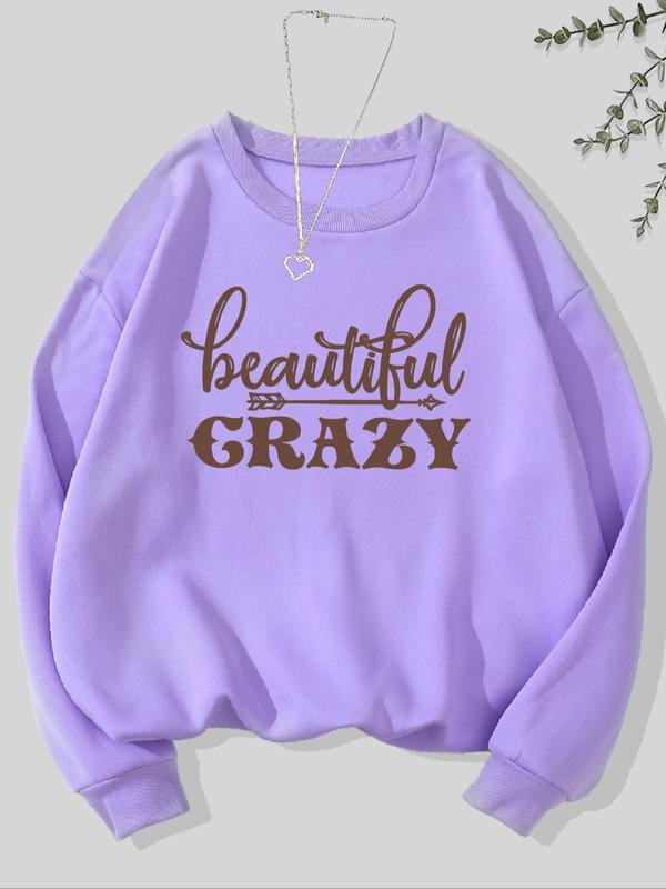 Women's Letter Print Drop Shoulder Pullover, Casual Long Sleeve Crew Neck Sweatshirt for Fall & Winter, Women's Clothes for Daily Wear