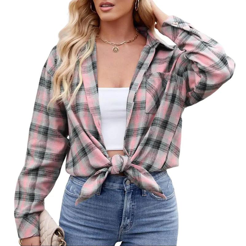 Womens Button Down Shirts Long Sleeve Plaid Shackets Business Casual Blouse Top flannel Womenswear Comfy