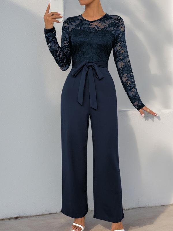 Women's Contrast Floral Lace Belted Jumpsuit, Elegant Sheer Long Sleeve Zipper Back Jumpsuit for Fall & Winter, Women's Clothes for Daily Wear