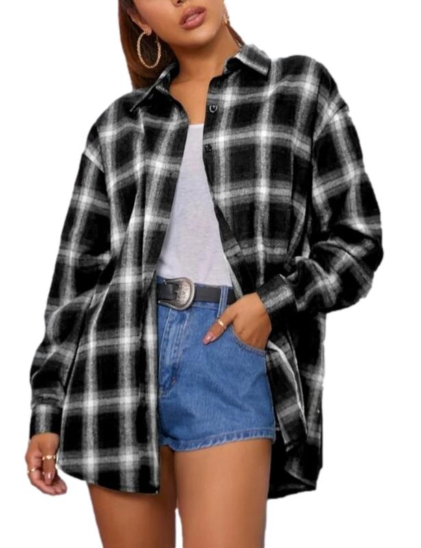 Zontroldy Plaid Flannel Shirts for Women Oversized Long Sleeve Button Down Buffalo Plaid Shirt Blouse Tops knitted shirt vintage tops Womenswear Casual Collared