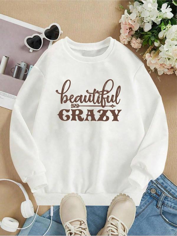 Women's Letter Print Drop Shoulder Pullover, Casual Long Sleeve Crew Neck Sweatshirt for Fall & Winter, Women's Clothes for Daily Wear