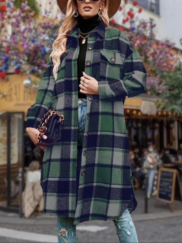 Women's Plaid Print Button Front Drop Shoulder Midi Overcoat, Casual Long Sleeve Collared Coat for Fall & Winter, Women's Clothing for Daily Wear, Fall Clothes 2024