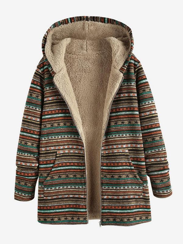 Women's Vintage Tribal Print Zip Up Pocket Fleece Hooded Coat, Long Sleeve Teddy Lined Coat for Fall & Winter, Winter Coats Women, Women Clothes for Daily Wear, Longsleeves Tops for Lady, Casual Womenswear, Coats for School