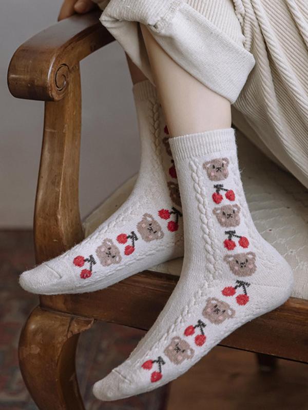 Women's Floral & Bear Embroidery Colorblock Crew Socks, Casual Soft Comfy Textured Mid-calf Socks for Fall & Winter, Women's Socks for Daily Wear