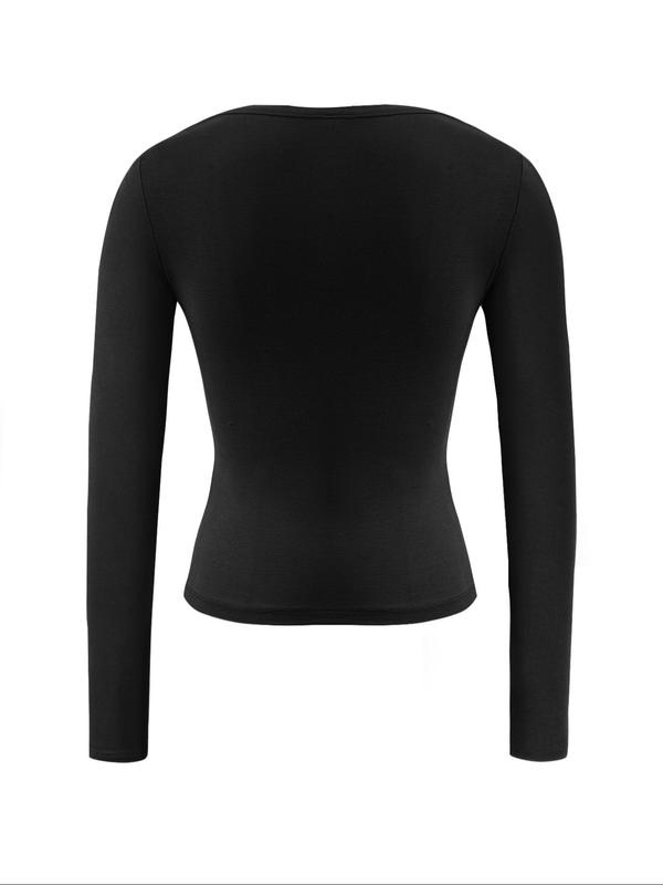 Women's Solid Long Sleeve Scoop Neck Tee, Casual Comfy T-shirt for Fall & Winter, Women's Clothing for Daily Wear