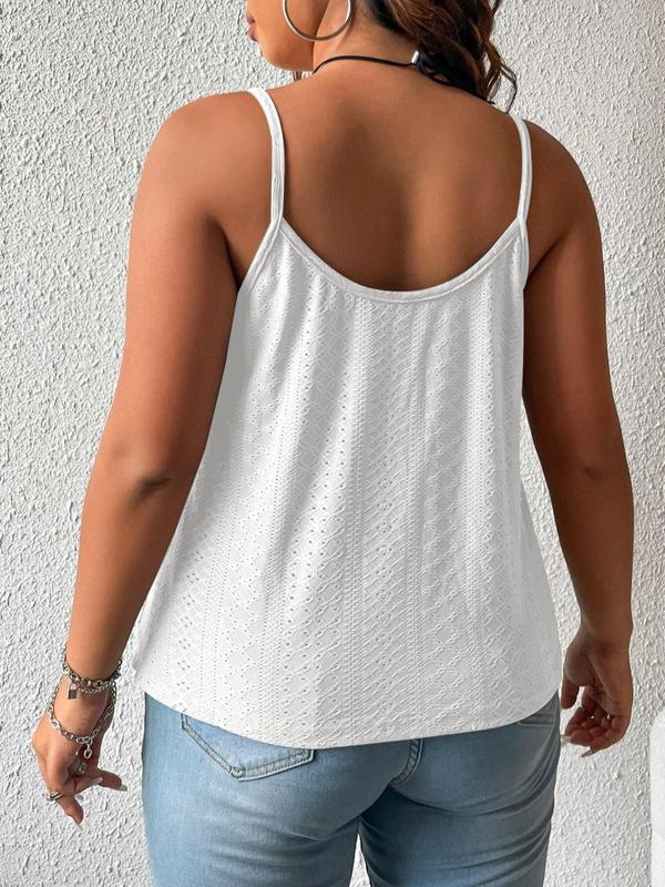  Solid Eyelet Embroidery Chain Linked Cami Top, Boho Sleeveless Spaghetti Strap Top for Summer, Women's Plus Clothing for Daily Wear