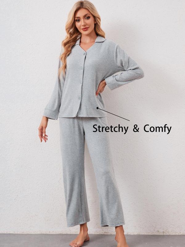 Two-piece Set Women's Solid Button Front Top & Pants Pyjama, Casual Comfy Long Sleeve Collared Top & Trousers Set, Ladies Sleepwear for All Seasons