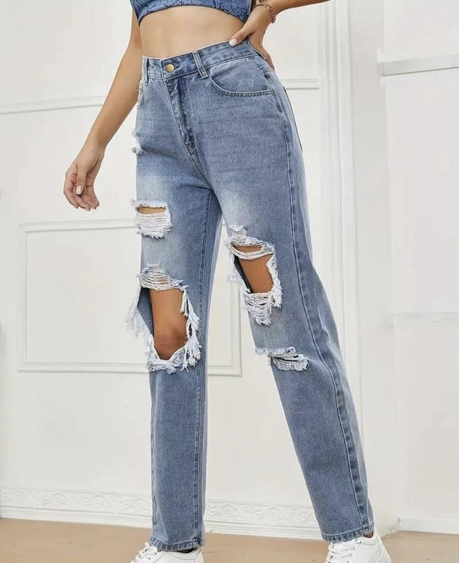 Women's High Waist Ripped Straight Jeans (Blue), Small Denim Womenswear Denim Womenswear Bottom Boyfriend Jeans Pants Streetwear